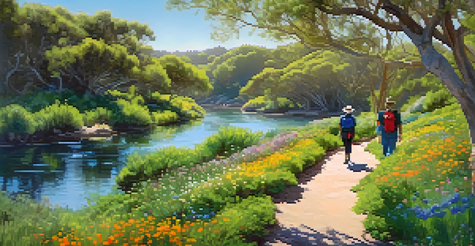 A couple of hikers enjoying a sunny spring day at Batiquitos Lagoon, surrounded by blooming wildflowers and birds.