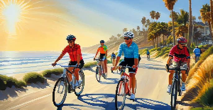 A sunny beach path in Carlsbad with a diverse group of cyclists enjoying the outdoors.