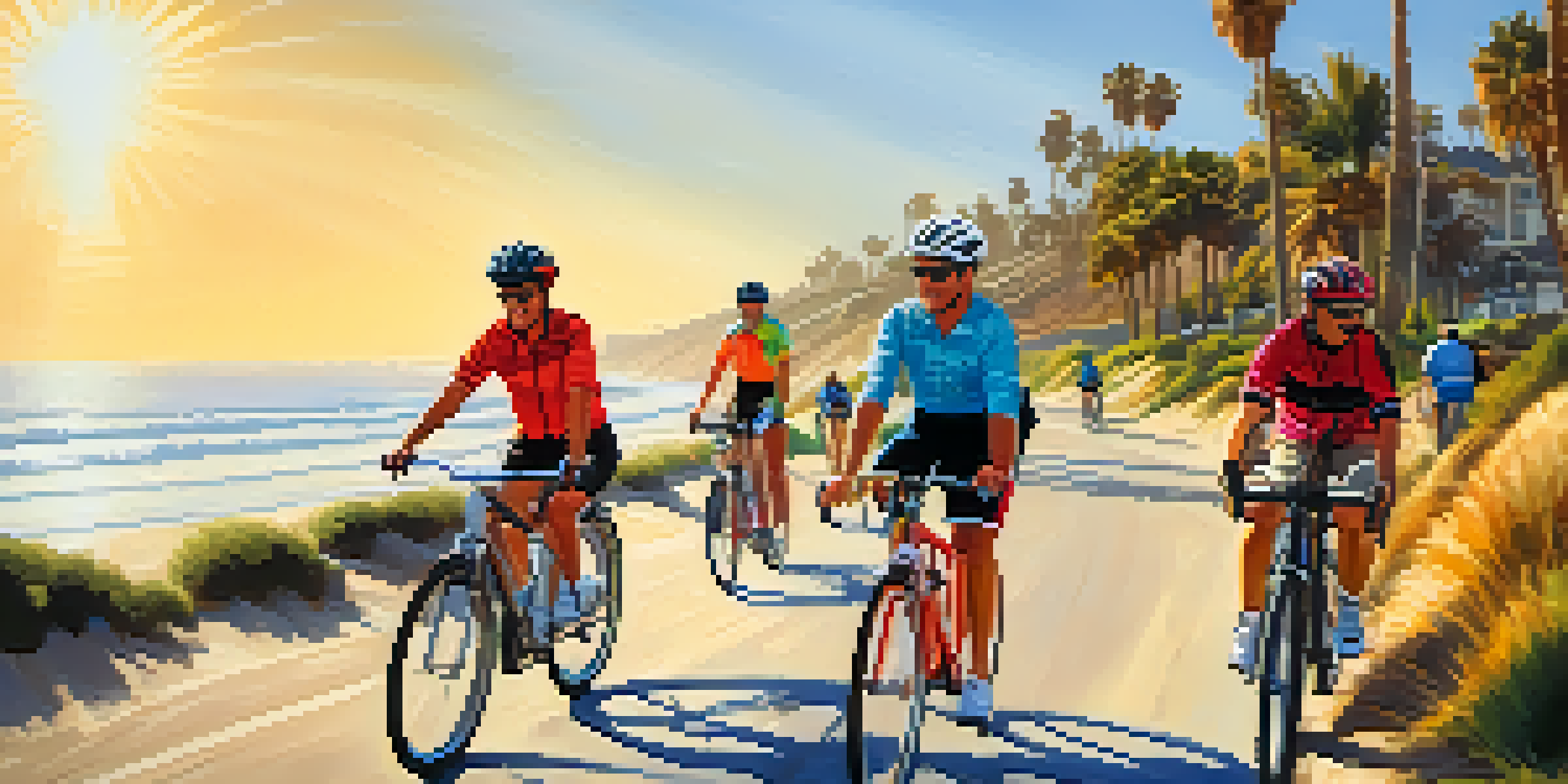 A sunny beach path in Carlsbad with a diverse group of cyclists enjoying the outdoors.