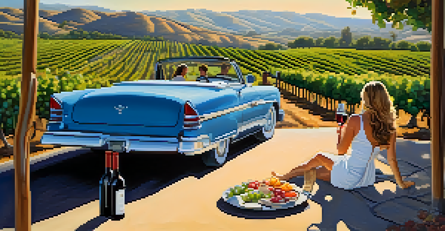 Couple having a picnic in the vineyards of Temecula Wine Country with rolling hills in the background.