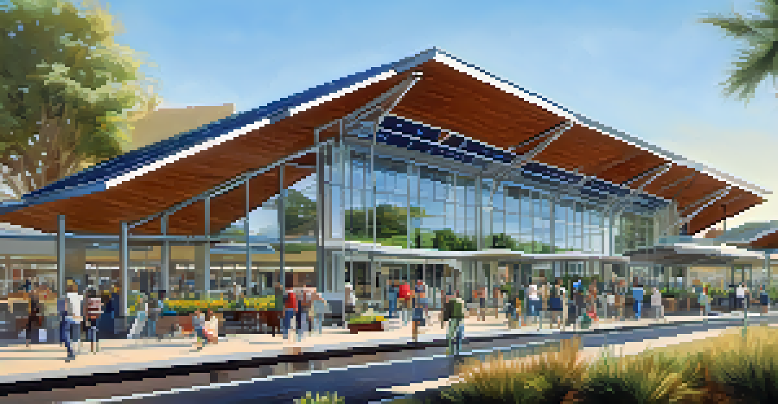 A modern eco-friendly train station in Carlsbad with large windows and surrounding greenery.