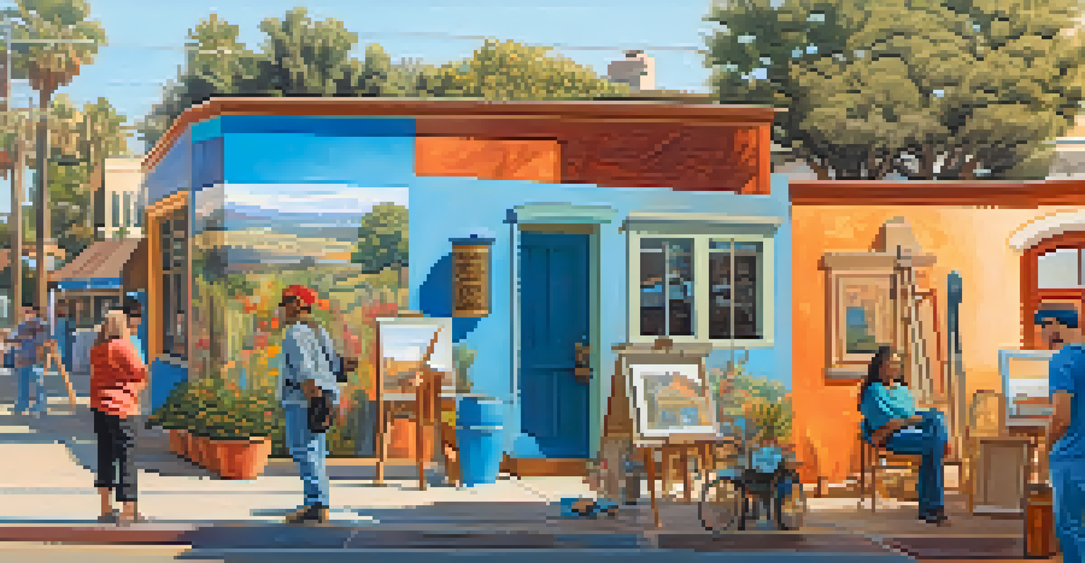 A diverse group of artists collaboratively painting a colorful mural in Carlsbad, California, with intricate designs representing local culture.