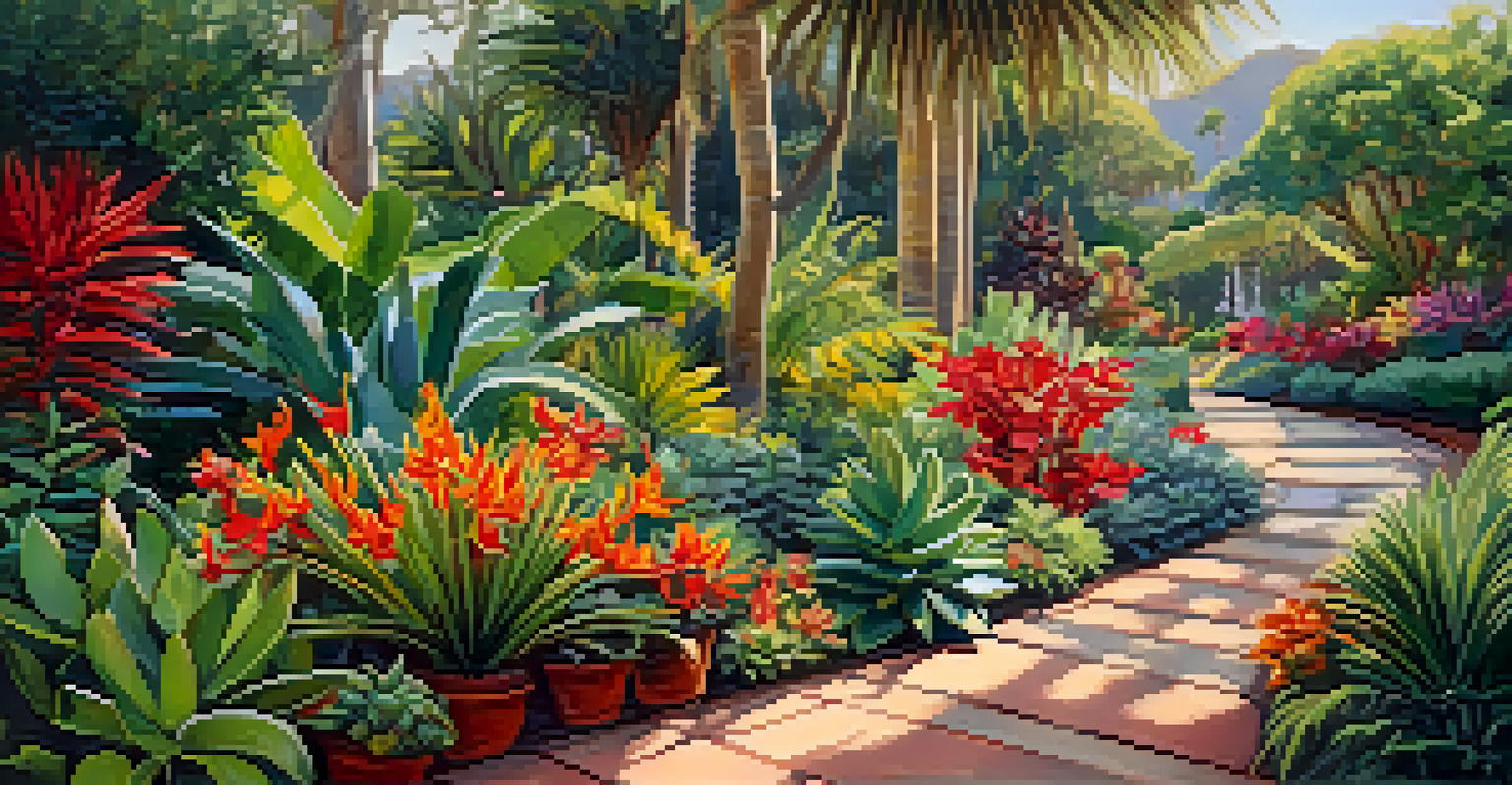 A section of Carlsbad's gardens displaying exotic plants with tropical flowers and succulents, featuring a winding pathway and colorful foliage under warm sunlight.