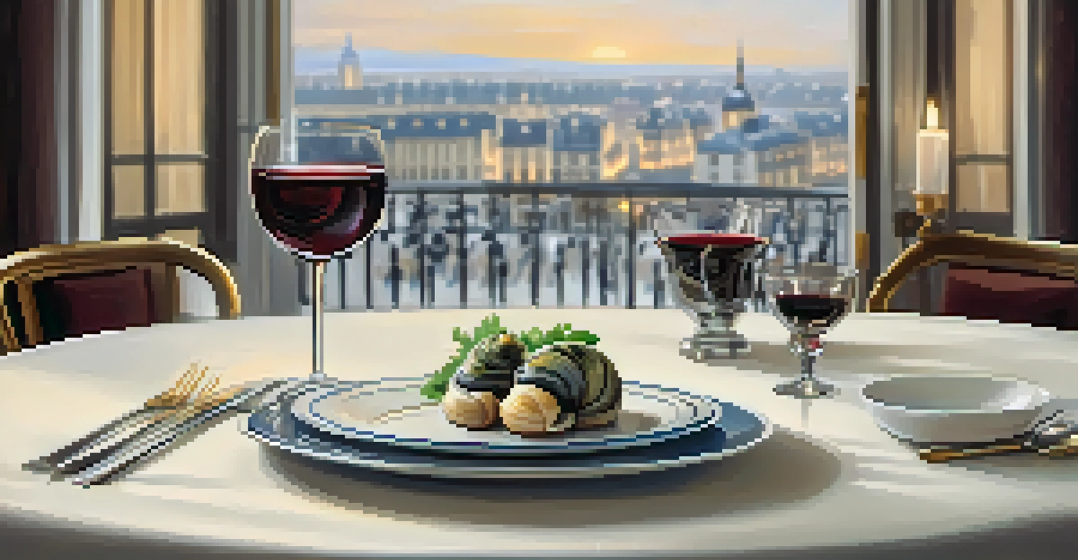 An elegant dining table with escargot and wine, set in a French-inspired restaurant atmosphere.