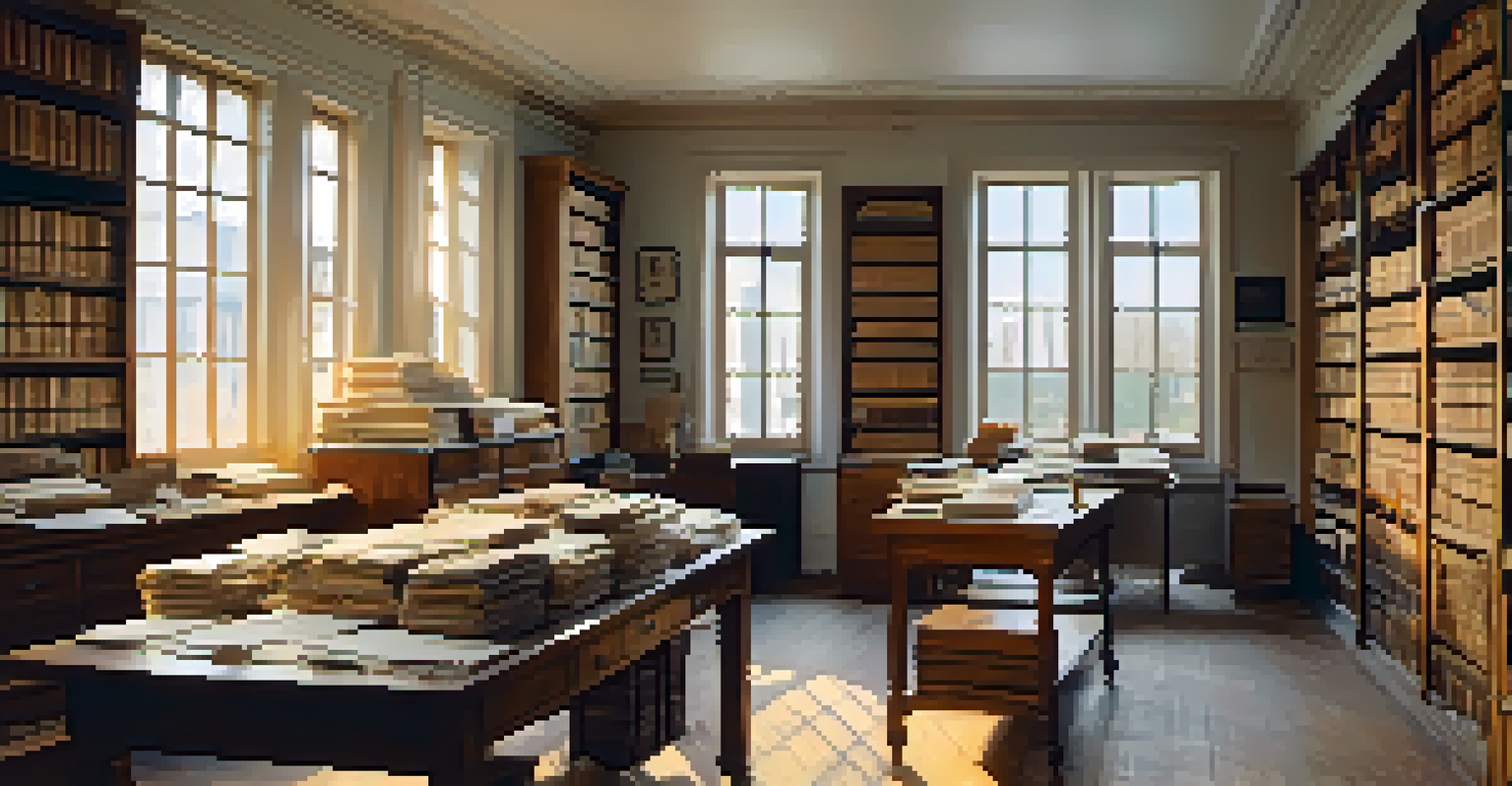 A warm and inviting local archive room with shelves of historical documents, an archivist digitizing photographs, and soft light illuminating the space.