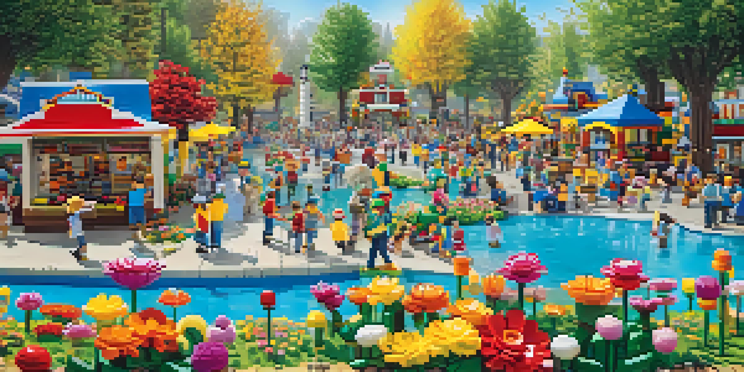 A lively spring scene at Legoland with families enjoying colorful LEGO displays and characters under sunny skies.