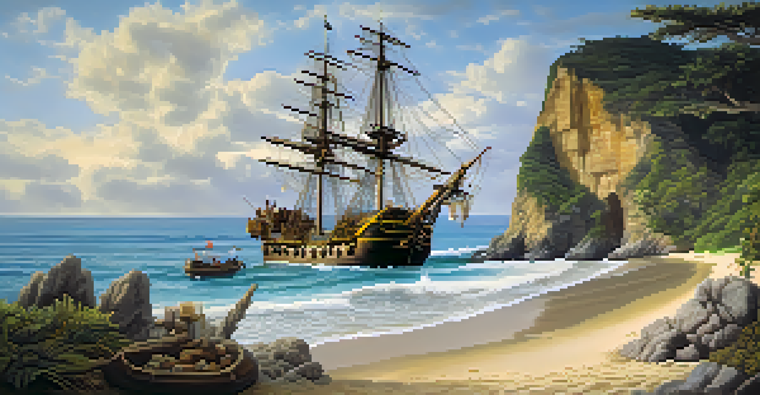 A pirate ship anchored at a hidden cove with pirates unloading treasure chests on the beach.