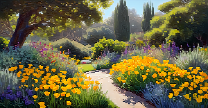 A colorful spring scene in Carlsbad's historic gardens with blooming California poppies and sage, surrounded by lush greenery and wildflowers under soft sunlight.