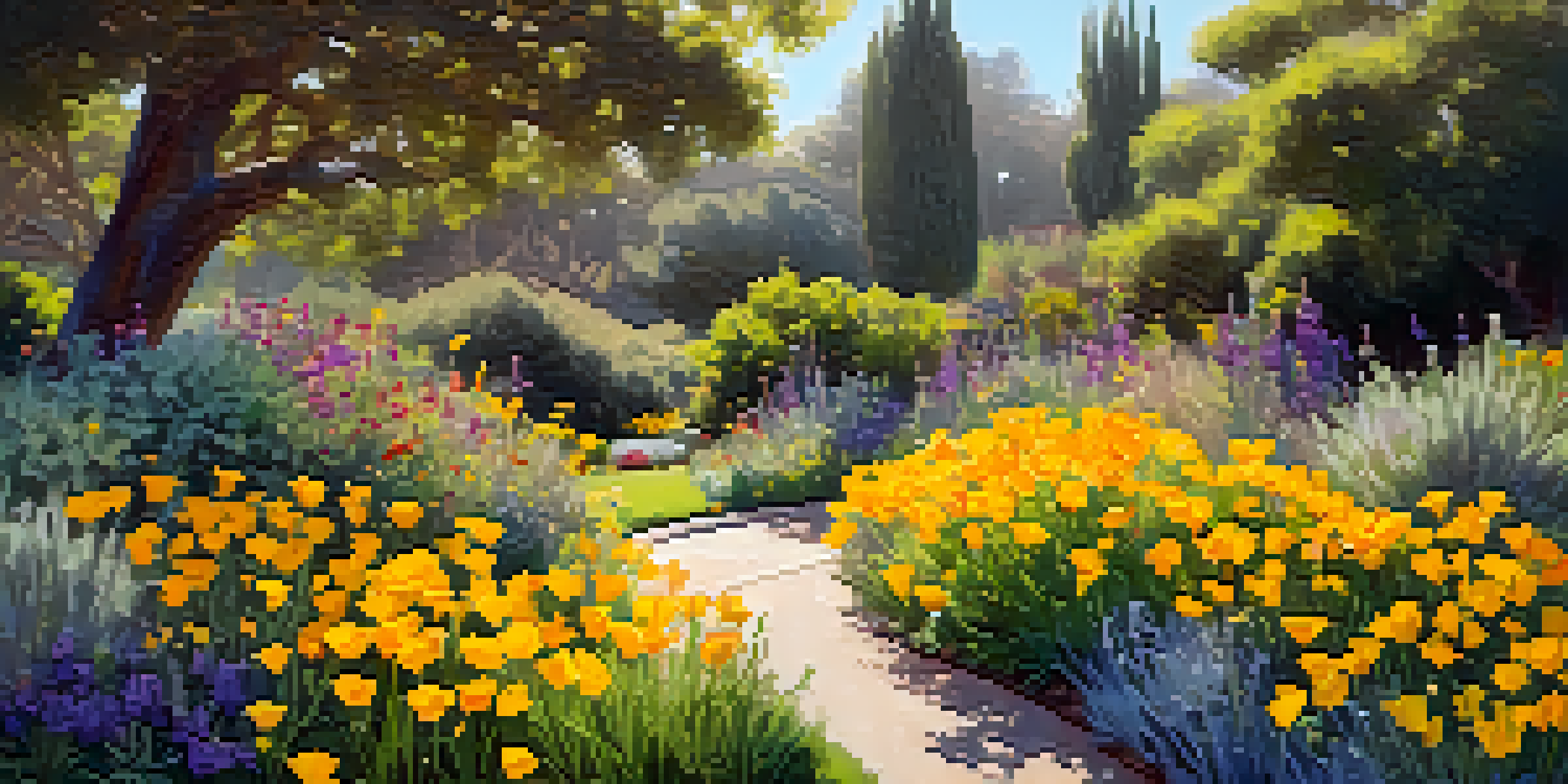 A colorful spring scene in Carlsbad's historic gardens with blooming California poppies and sage, surrounded by lush greenery and wildflowers under soft sunlight.