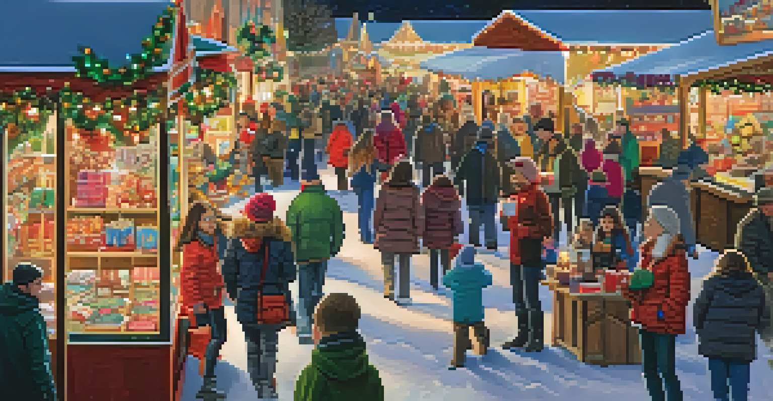 A lively holiday market scene with colorful stalls, visitors enjoying hot cocoa, and festive decorations creating a joyful atmosphere.