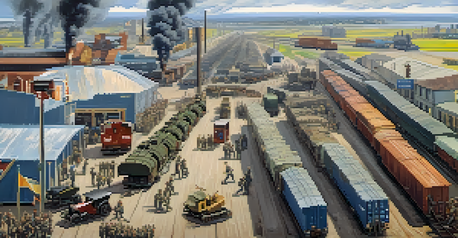 A historical scene of Carlsbad during WWII, illustrating soldiers loading supplies onto trains and factories in the background.