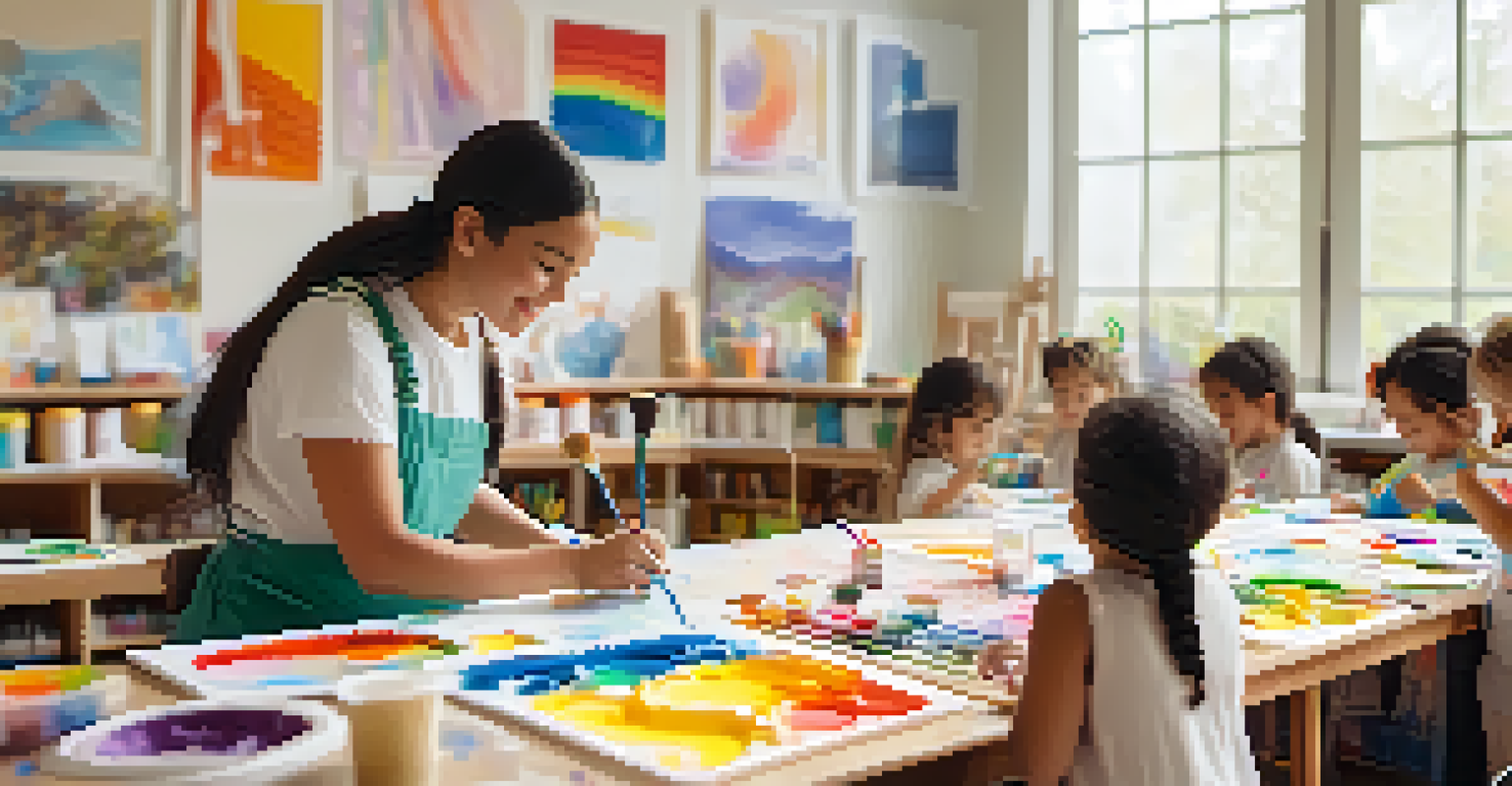 Children participating in an art education workshop in a bright classroom, engaged in painting activities, surrounded by art supplies.