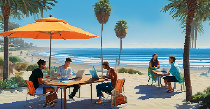 A sunny coastal scene in Carlsbad, with tech entrepreneurs collaborating near the beach.
