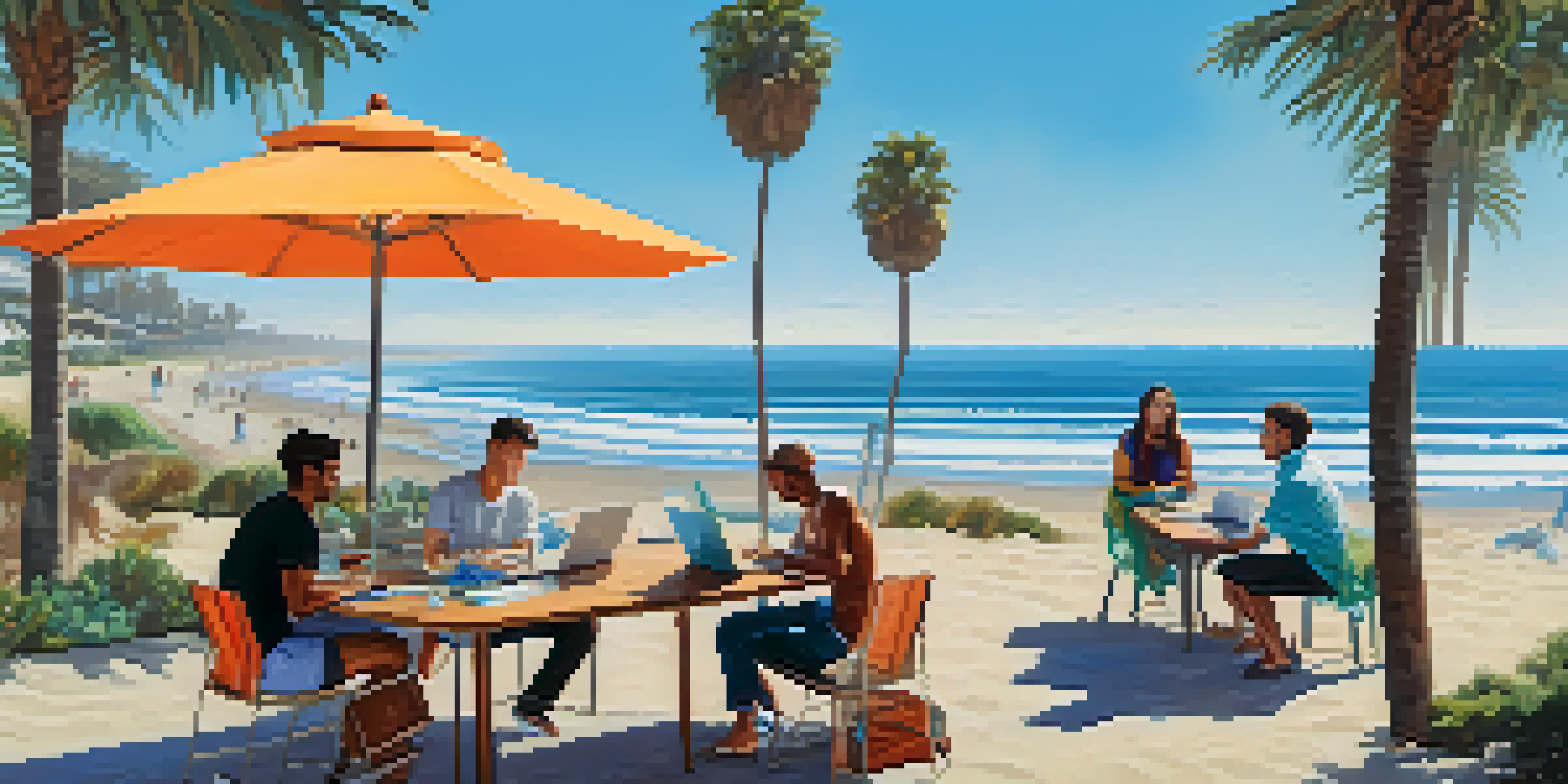 A sunny coastal scene in Carlsbad, with tech entrepreneurs collaborating near the beach.