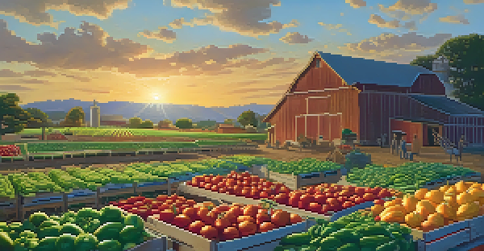 A farmer picking ripe vegetables in a colorful organic garden at sunset.