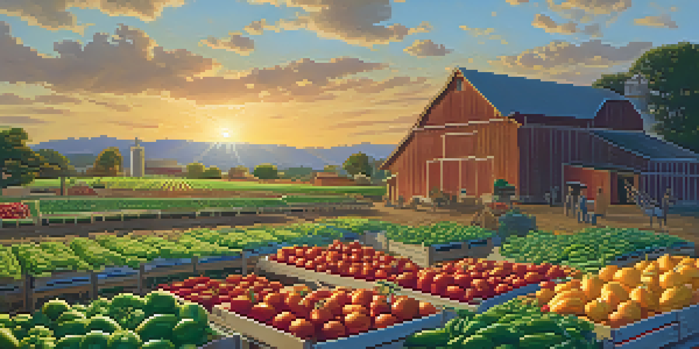 A farmer picking ripe vegetables in a colorful organic garden at sunset.