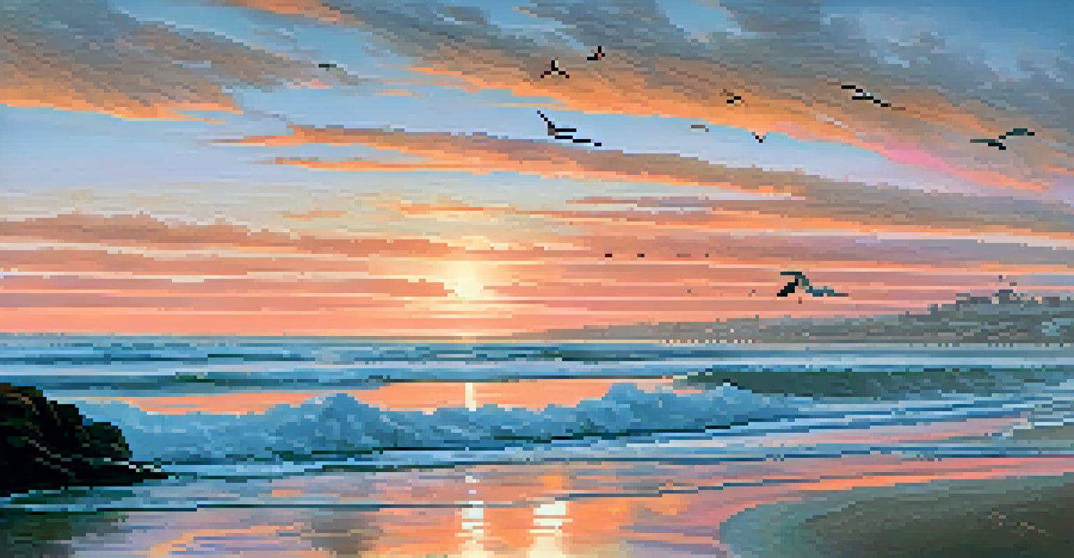 A stunning sunset over Carlsbad's coastline, with rocky shores and sandy beaches, and seagulls flying in the sky.