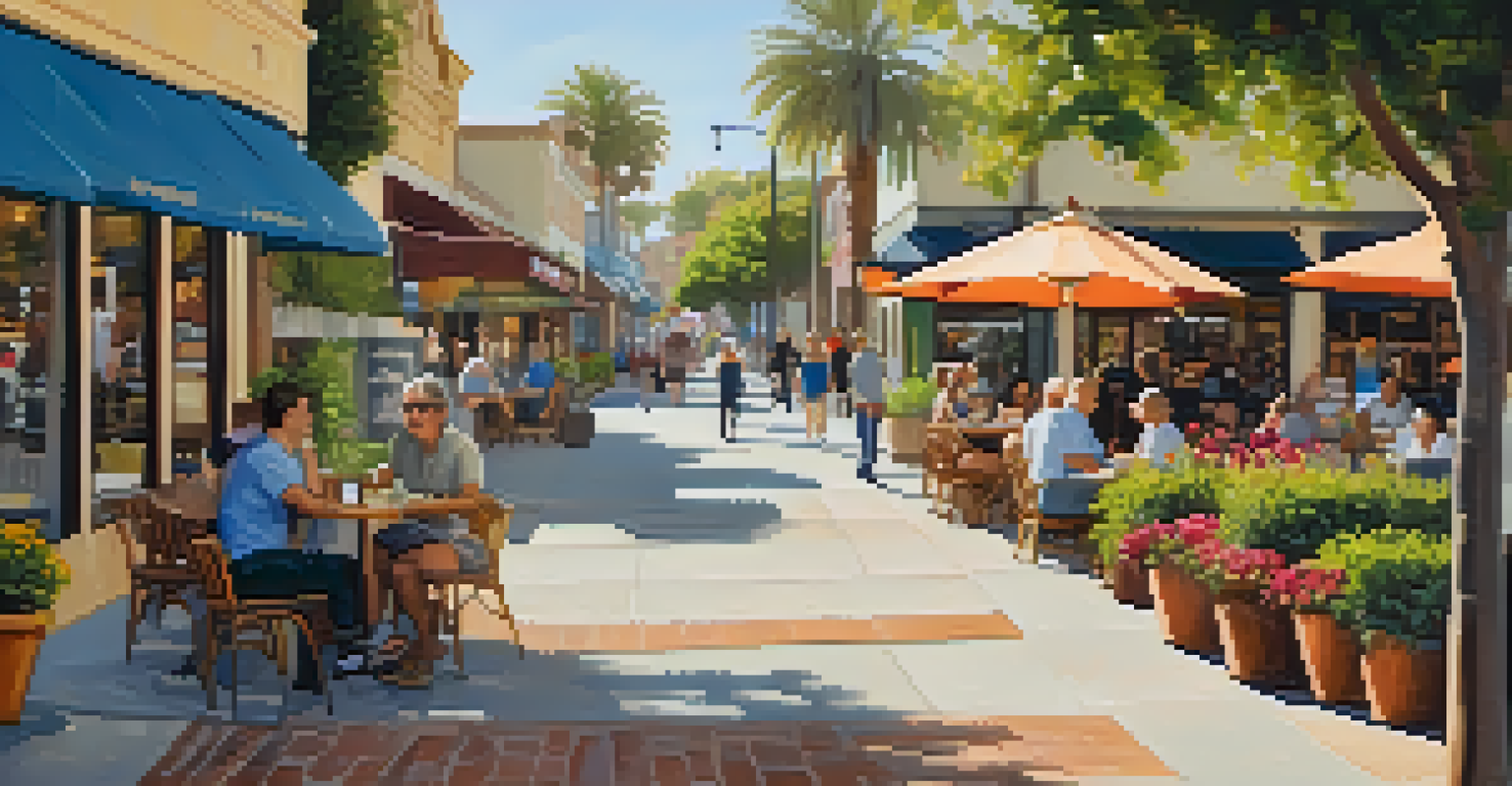 A lively pedestrian street in Carlsbad with people walking and enjoying outdoor cafes.