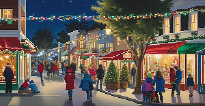 A festive scene in Carlsbad Village with holiday lights, families walking, and cozy cafes.