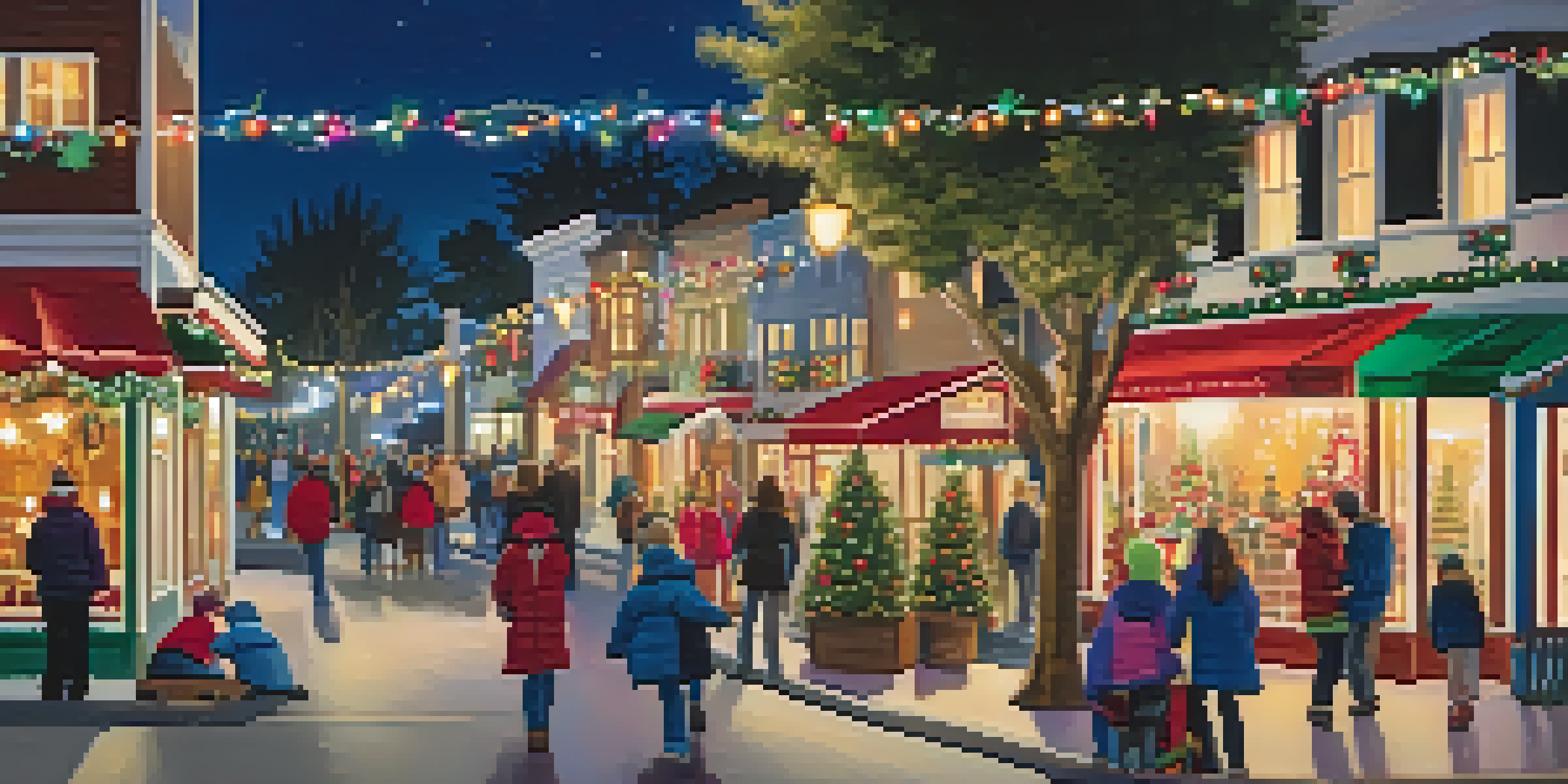 A festive scene in Carlsbad Village with holiday lights, families walking, and cozy cafes.