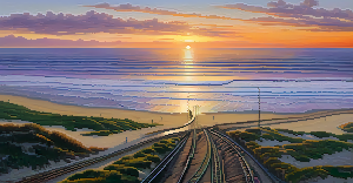 An aerial view of Carlsbad's coastline with a railway line and a stunning sunset over the ocean.