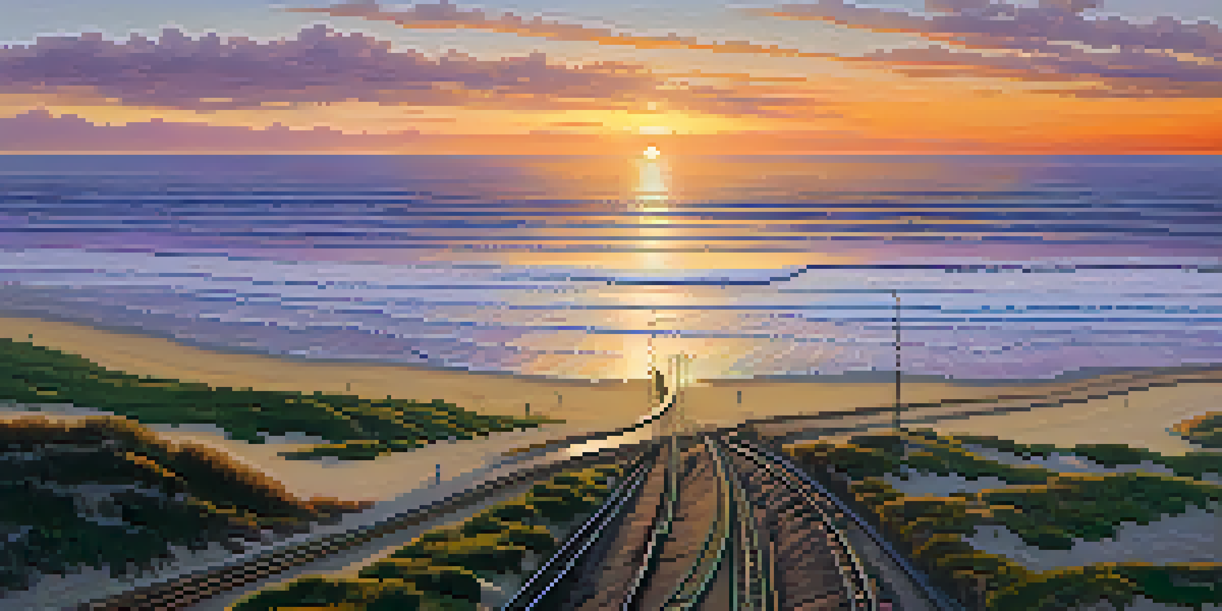 An aerial view of Carlsbad's coastline with a railway line and a stunning sunset over the ocean.