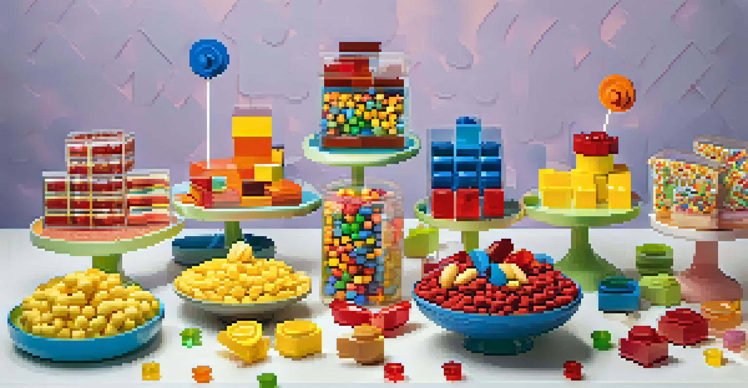 A vibrant display of Lego-shaped candies and snacks arranged on a table, showcasing colorful treats.