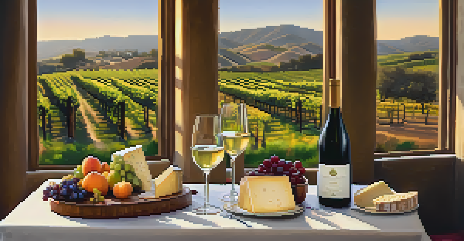A beautifully arranged wine tasting table with glasses, a bottle of Chardonnay, and a cheese platter, set against a vineyard backdrop.