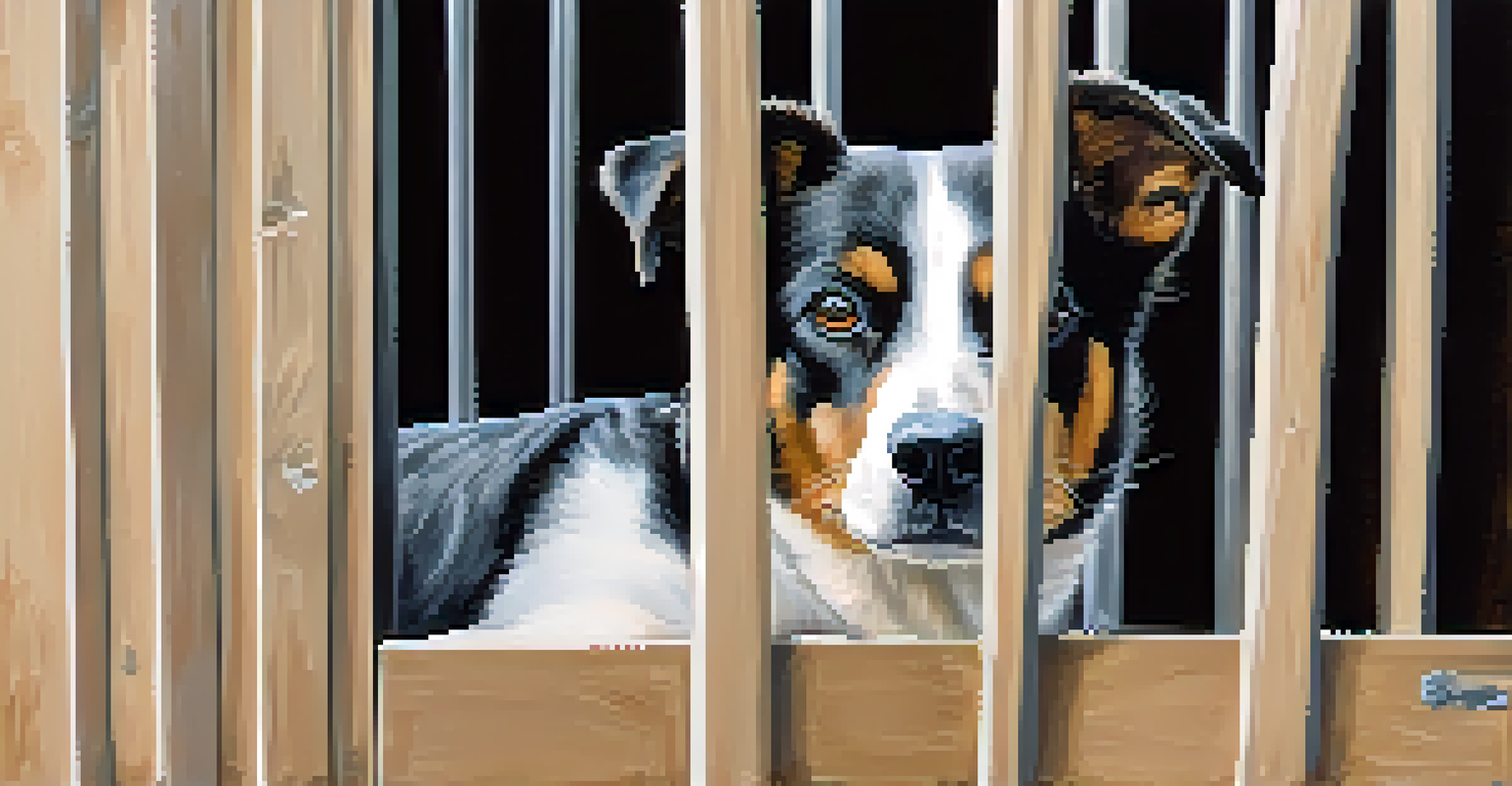 A close-up of a shy dog in a shelter kennel, looking hopeful as sunlight filters through the bars.