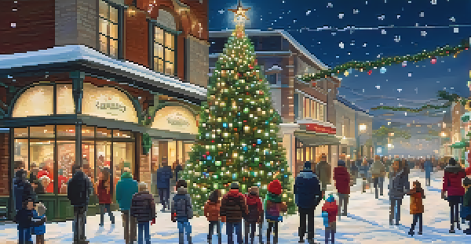 A vibrant winter scene featuring a large Christmas tree with colorful ornaments, surrounded by families enjoying the festive atmosphere in Carlsbad.