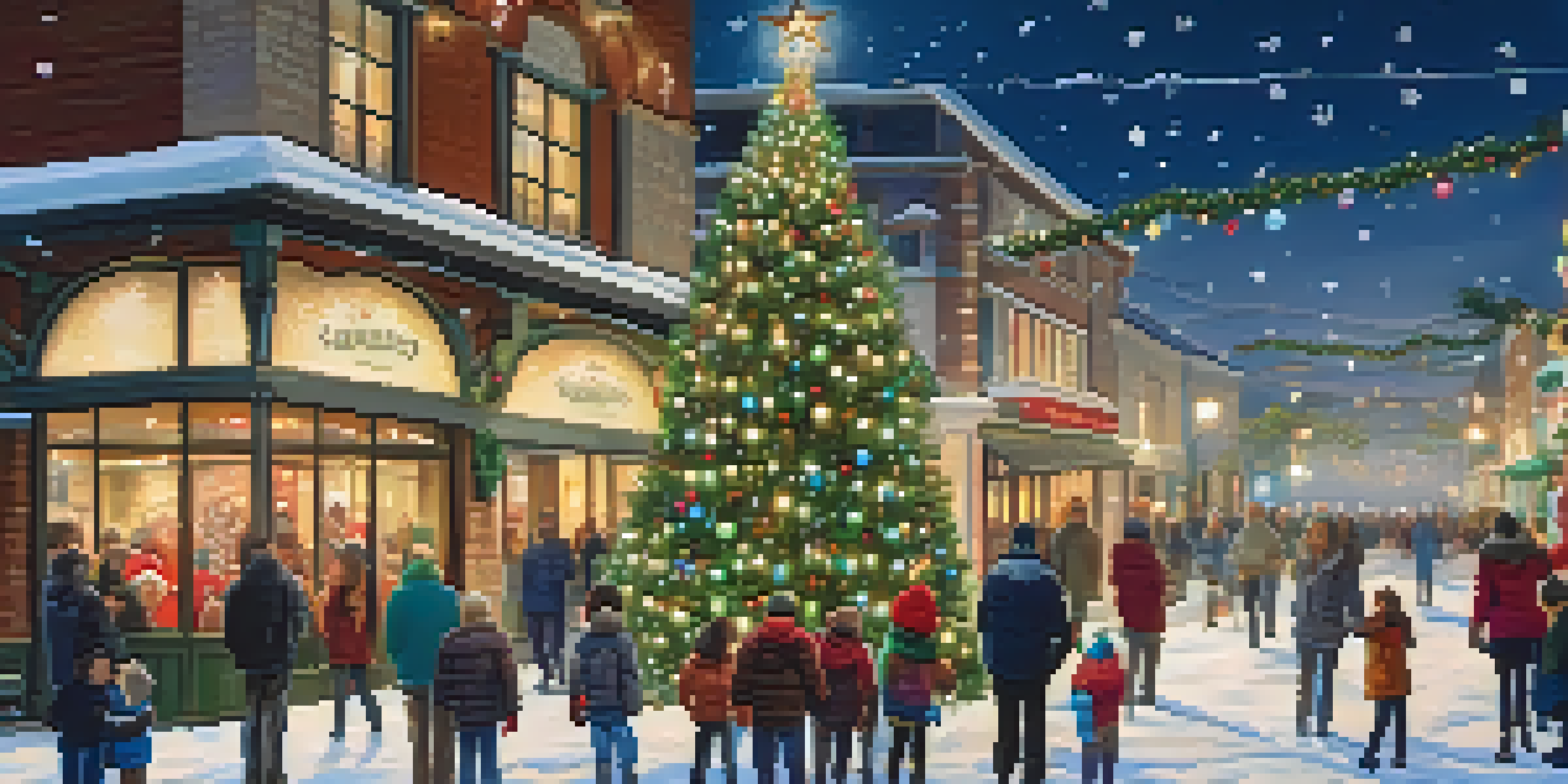 A vibrant winter scene featuring a large Christmas tree with colorful ornaments, surrounded by families enjoying the festive atmosphere in Carlsbad.