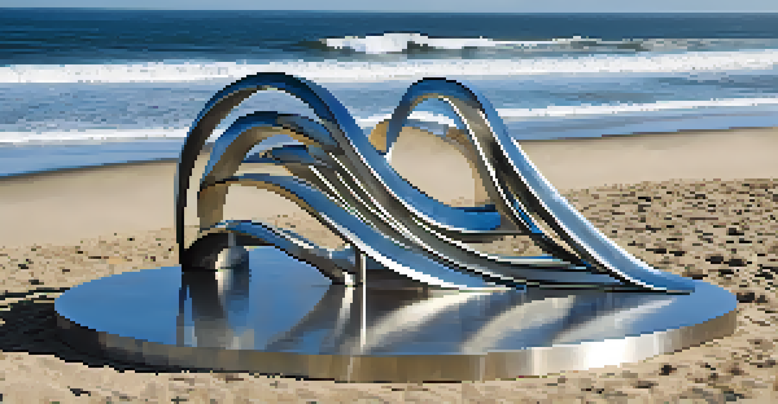 A stainless steel sculpture shaped like a wave, situated near the beach, with people relaxing on the sand and the ocean visible behind.