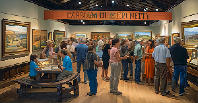 A diverse group of people engaging with exhibits in a lively historical museum, surrounded by colorful artifacts and banners.