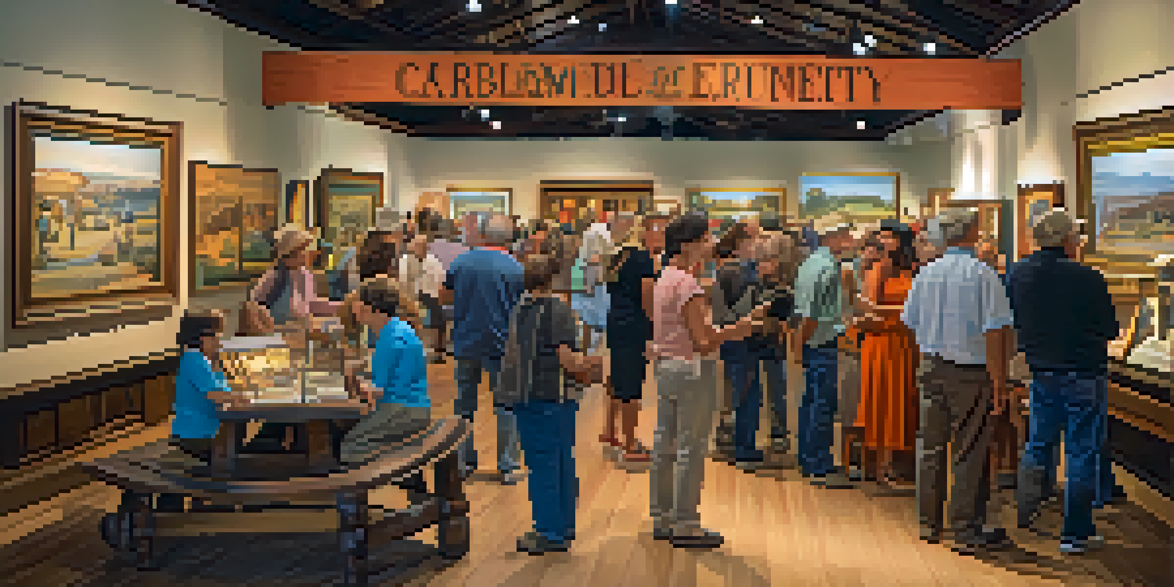 A diverse group of people engaging with exhibits in a lively historical museum, surrounded by colorful artifacts and banners.