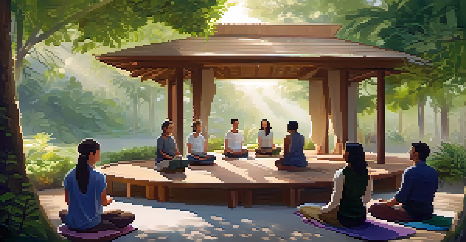 A mindfulness retreat center surrounded by trees, with people meditating in a circle, sunlight streaming through the leaves.