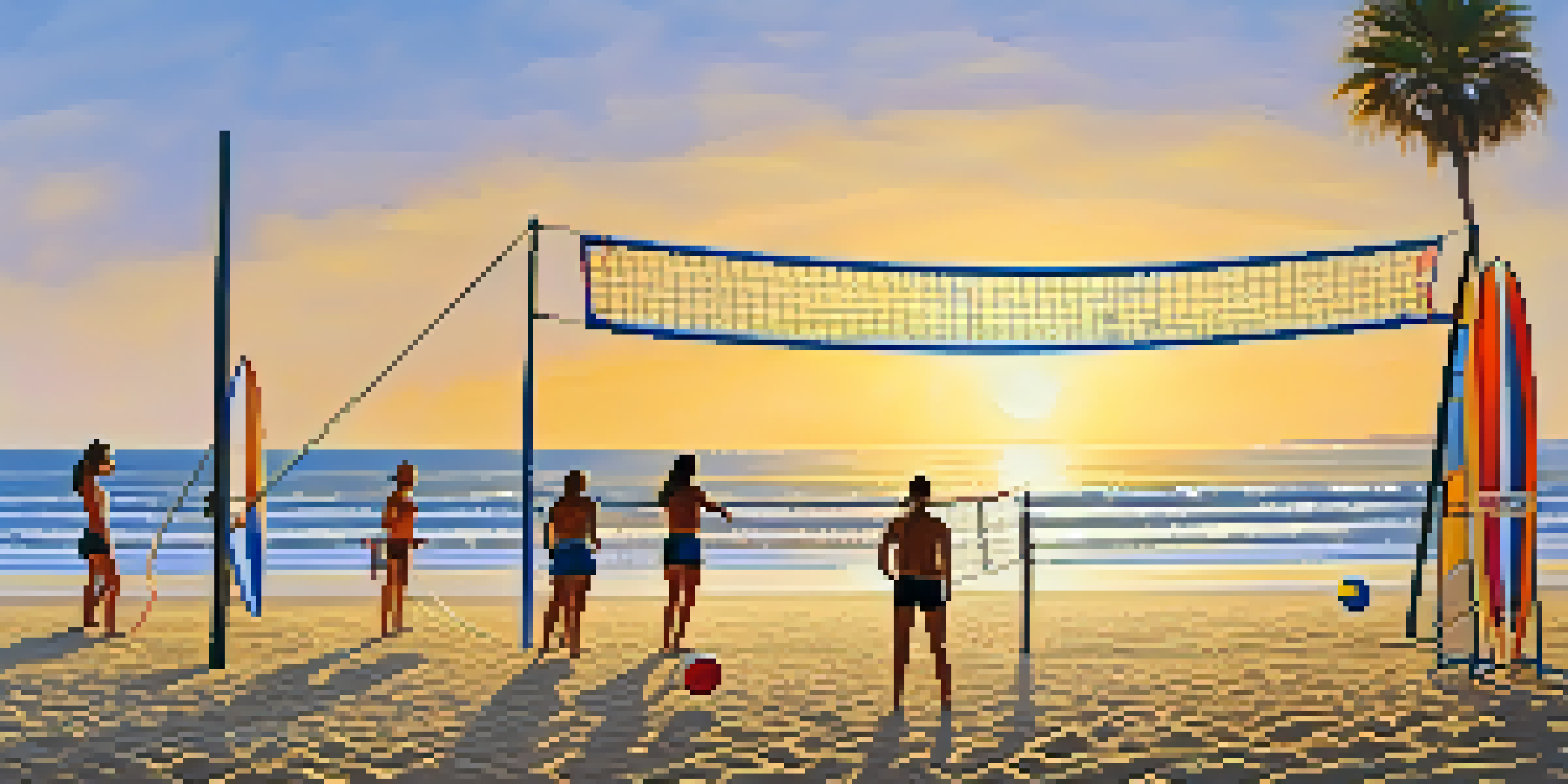Families are enjoying a beach volleyball game during sunset at Carlsbad beach, with a colorful net and spectators cheering nearby.