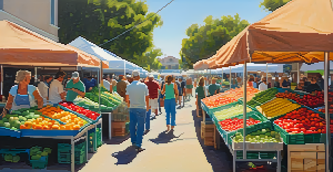 A bustling farmers' market in Carlsbad with colorful stalls filled with fresh produce and interacting community members.