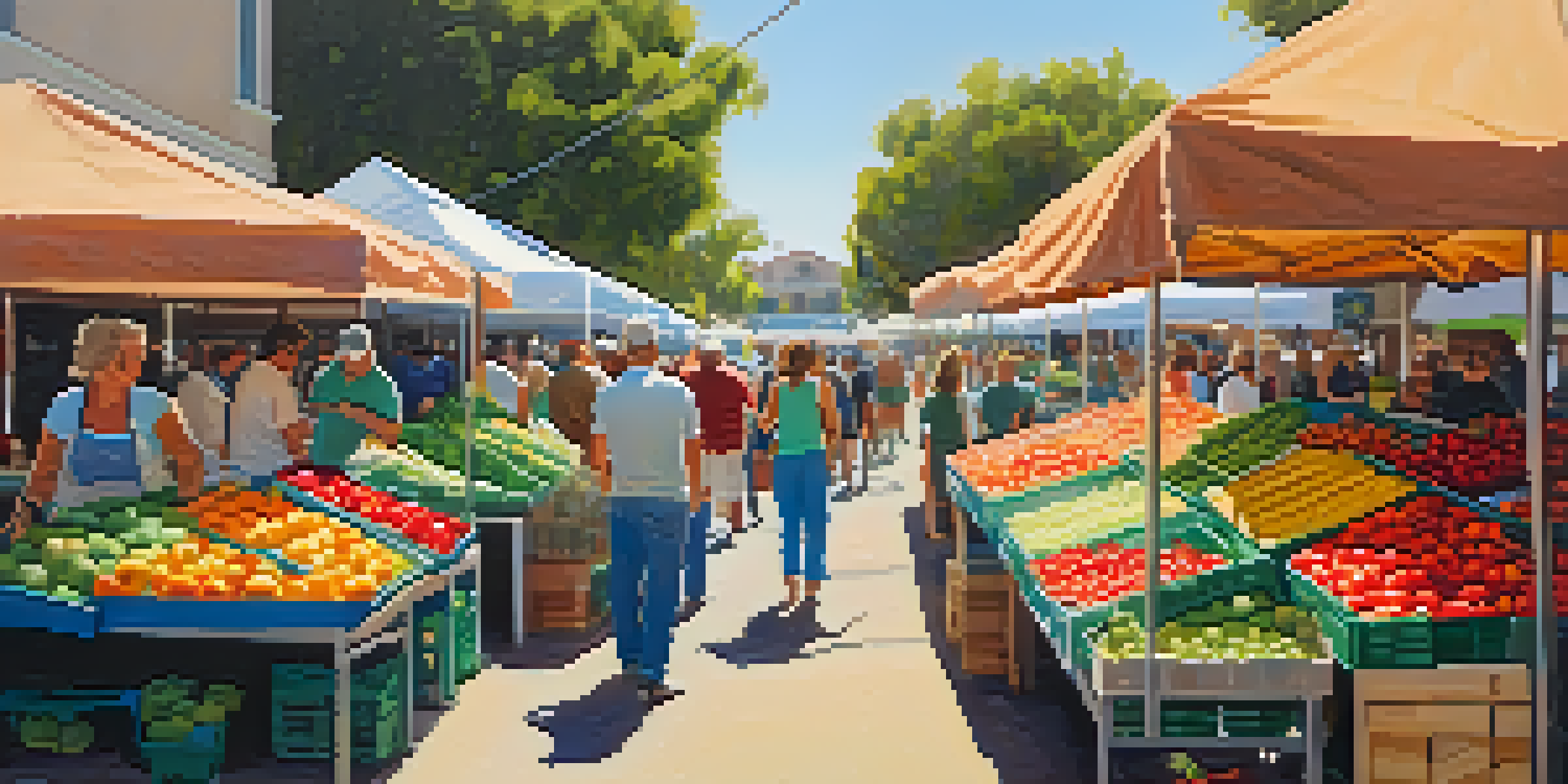 A bustling farmers' market in Carlsbad with colorful stalls filled with fresh produce and interacting community members.