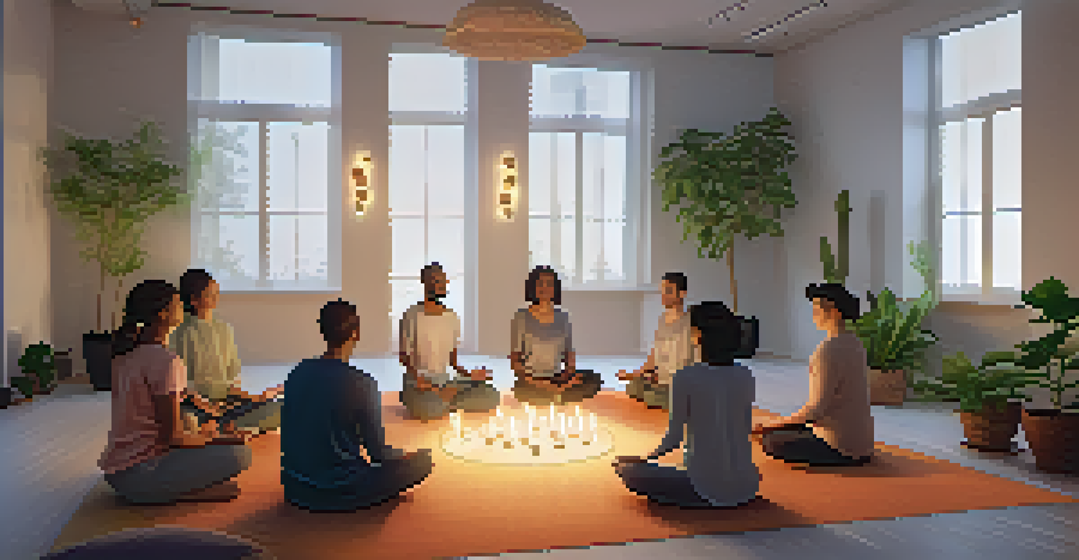 A calming mindfulness meditation workshop with participants seated on cushions in a softly lit room led by a coach.