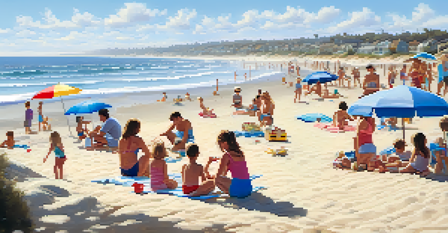 Families enjoying a sunny beach day in Carlsbad, building sandcastles and swimming.