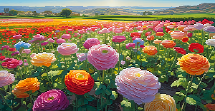 A colorful field of ranunculus flowers in bloom at Carlsbad Ranch, under a clear blue sky with sunlight illuminating the vibrant petals.