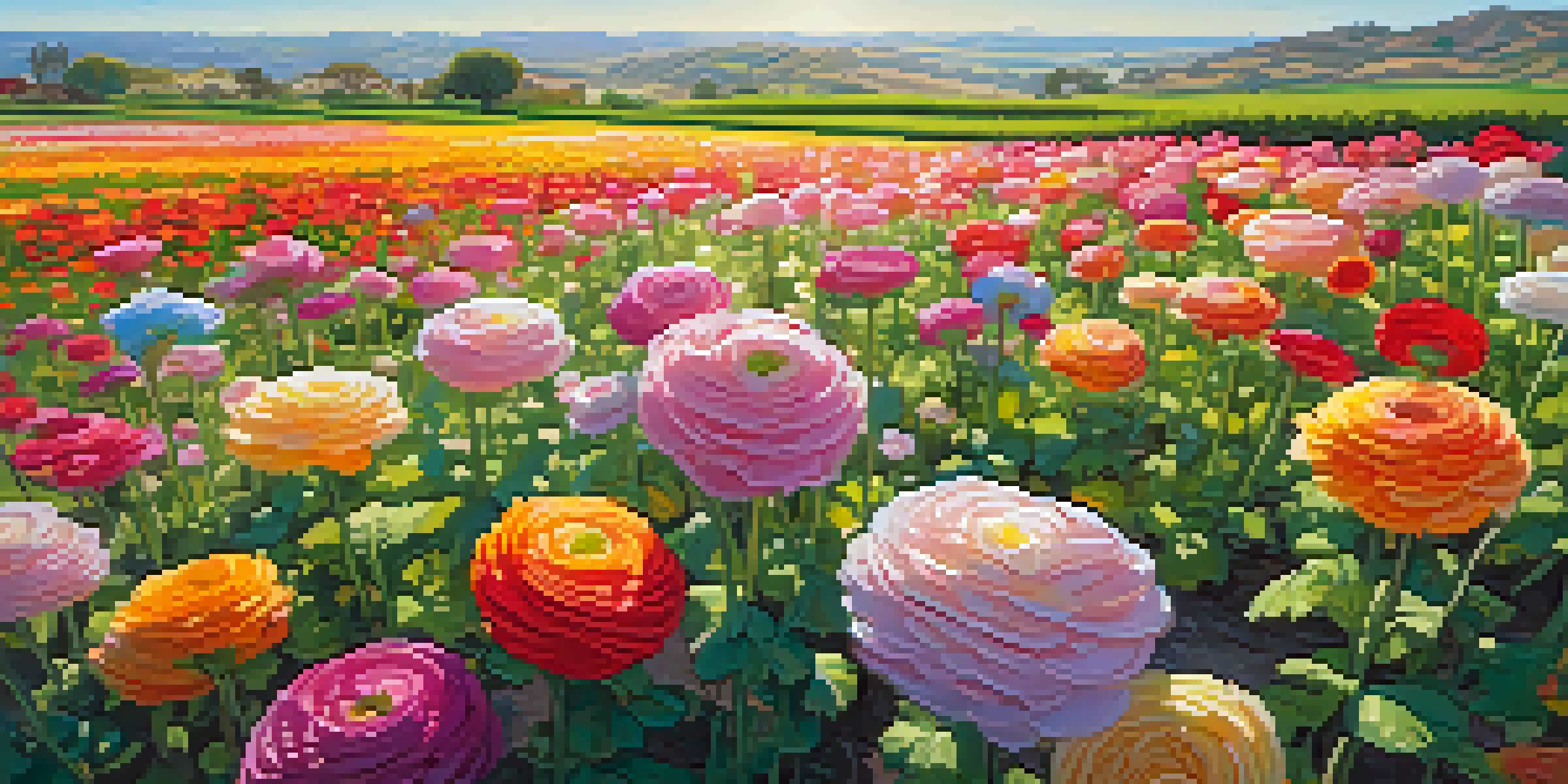 A colorful field of ranunculus flowers in bloom at Carlsbad Ranch, under a clear blue sky with sunlight illuminating the vibrant petals.