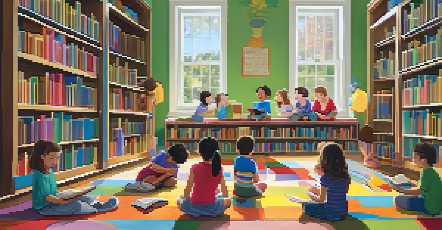 A librarian reading to young children during a storytime session in a library, with colorful decor and natural light.