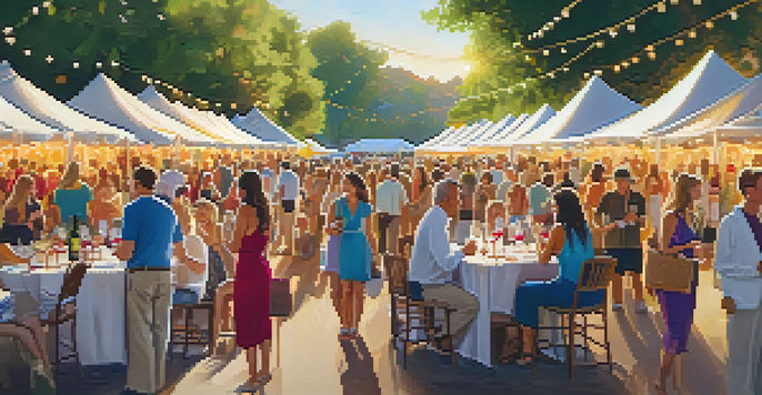 A lively outdoor wine festival with people tasting wines, colorful tents, and greenery, all bathed in warm sunlight.