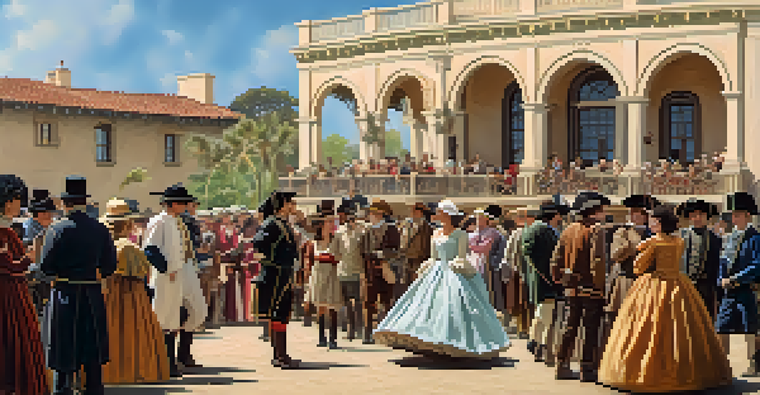 A historical reenactment in Carlsbad with actors in period costumes discussing in front of a historic building, while spectators observe and take photos.