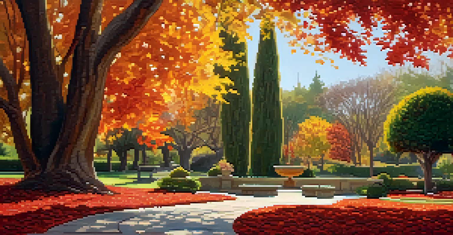 A serene autumn view of Carlsbad's gardens with vibrant fall foliage in red, orange, and yellow, highlighted by gentle sunlight and a path covered with fallen leaves.