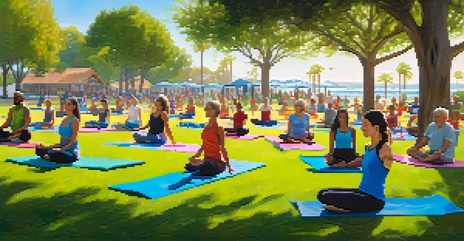 A diverse group of residents participating in an outdoor yoga class in a sunny park.