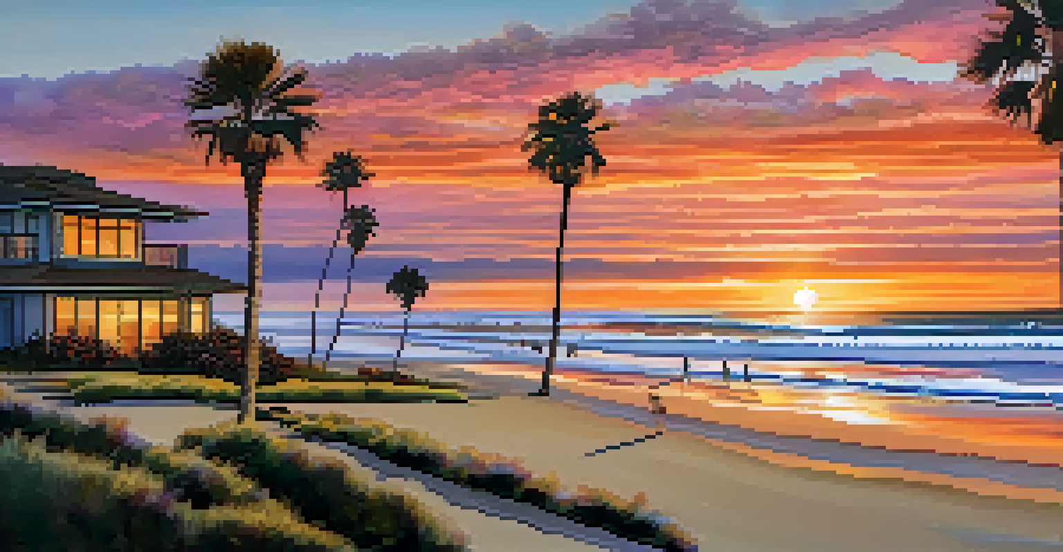 A sunset view of Carlsbad State Beach with a silhouetted beachfront property and palm trees.