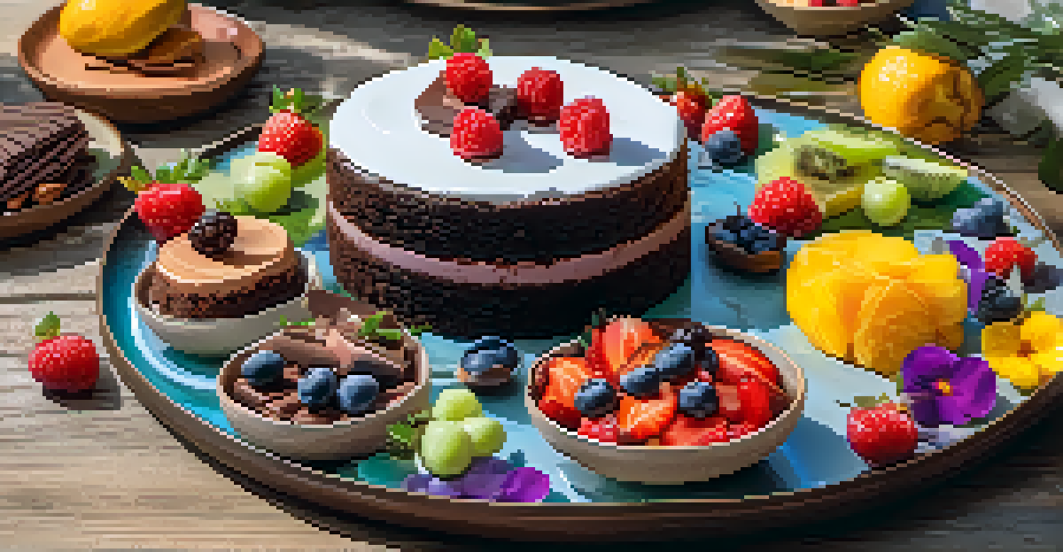 A dessert platter featuring vegan and gluten-free options like chocolate cake and brownies, set on a rustic wooden table.