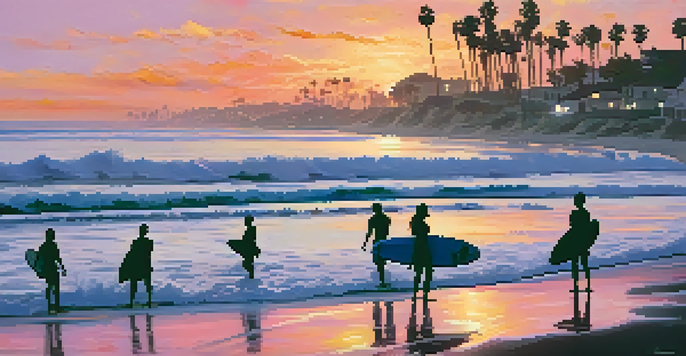 A colorful sunset at Carlsbad State Beach with surfers on gentle waves and palm trees in silhouette.
